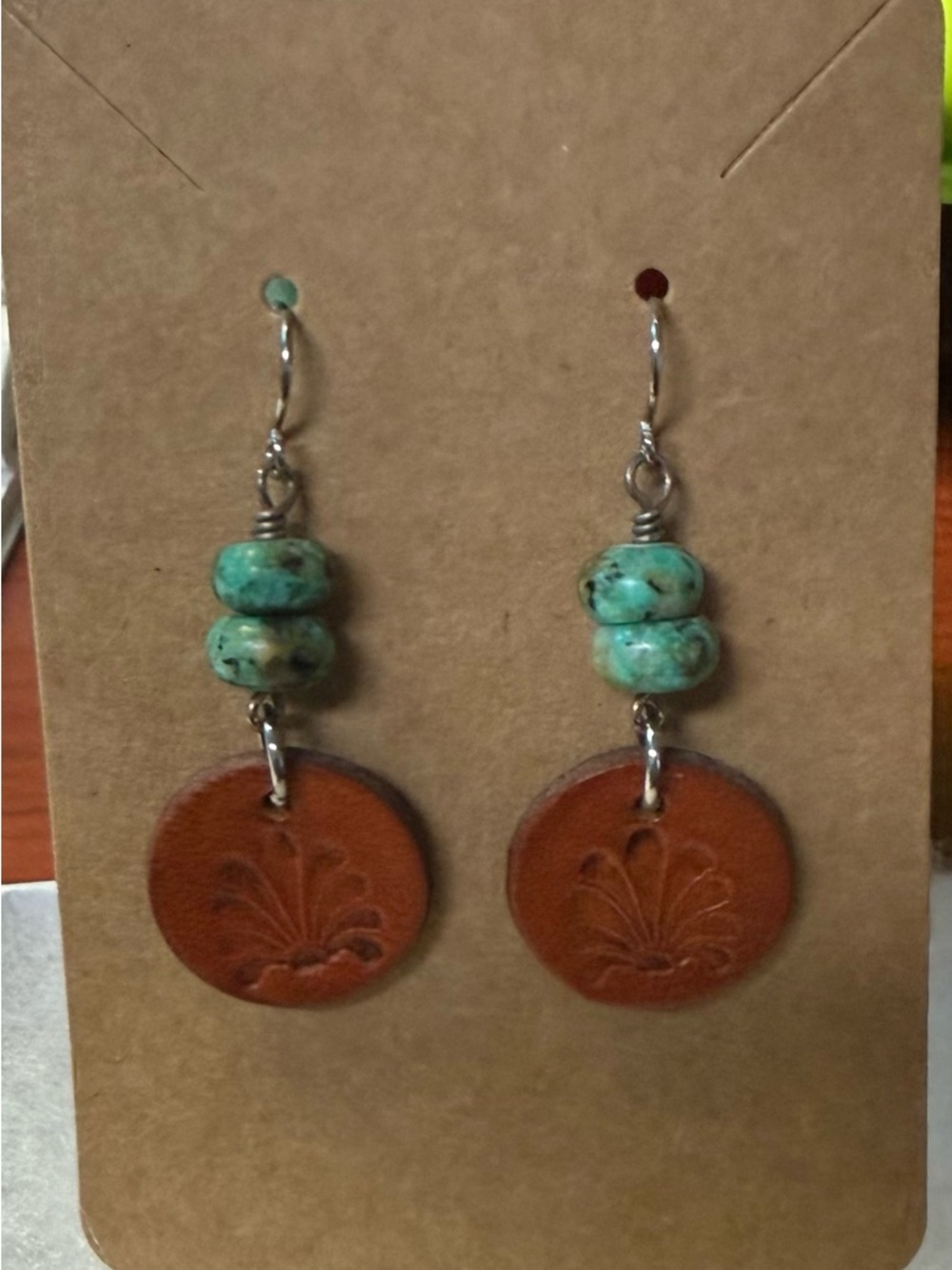 Turquoise (Howlite) and Hand Tooled Leather Disc Dangle Earrings